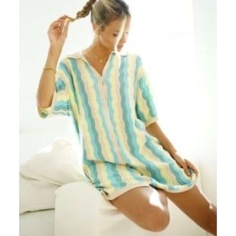 yllw Felix Knit Mini Dress S/M Collared‎ Striped Short Sleeve Blue Yellow Beige